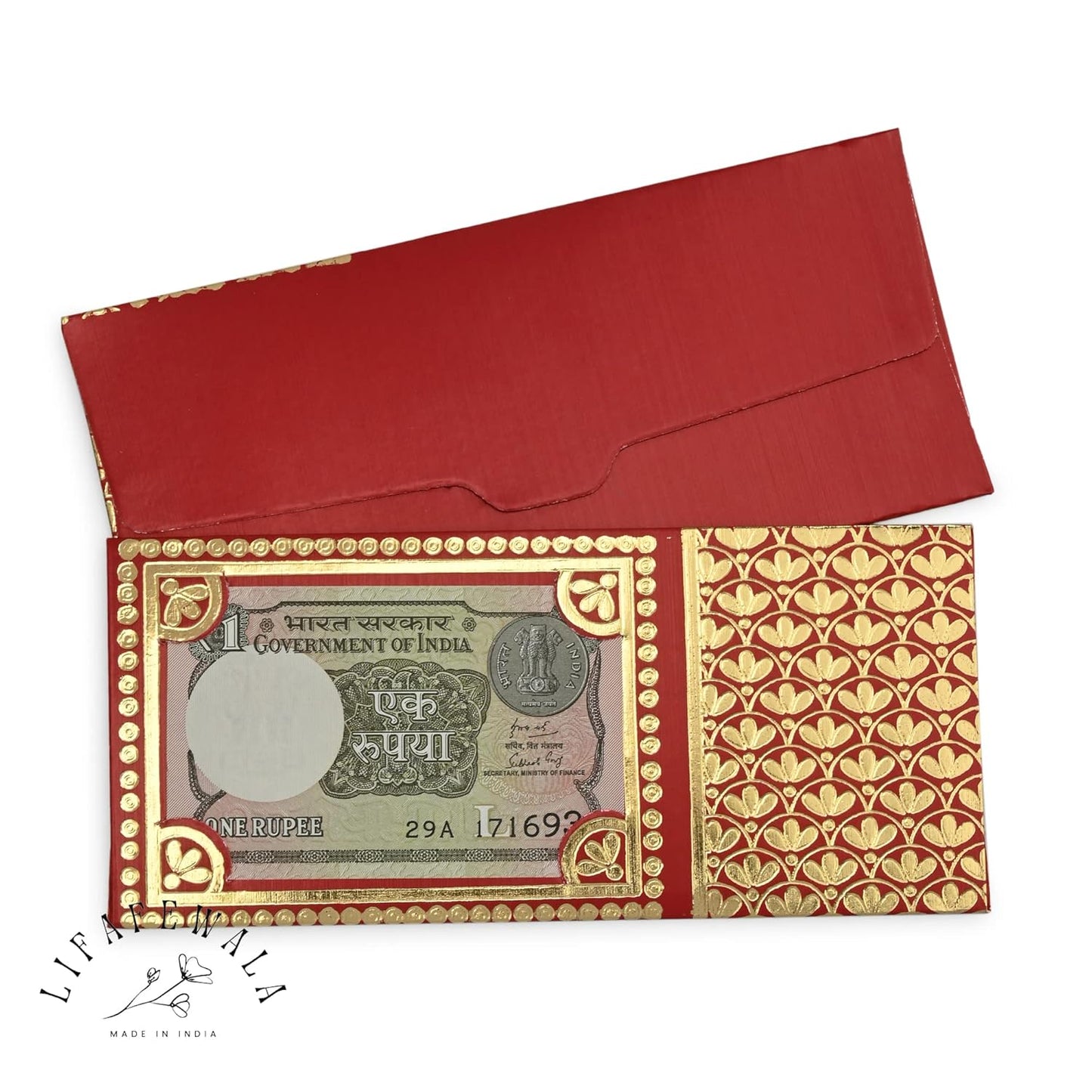 LIFAFEWALA Shagun Envelope with One Rupees Note, Designers/Money/Gift Envelope/Lifafa for Festival, Marriage, Anniversary & Many Occassions (Pack of 10) (Size :19 X 9 CM) (Red)