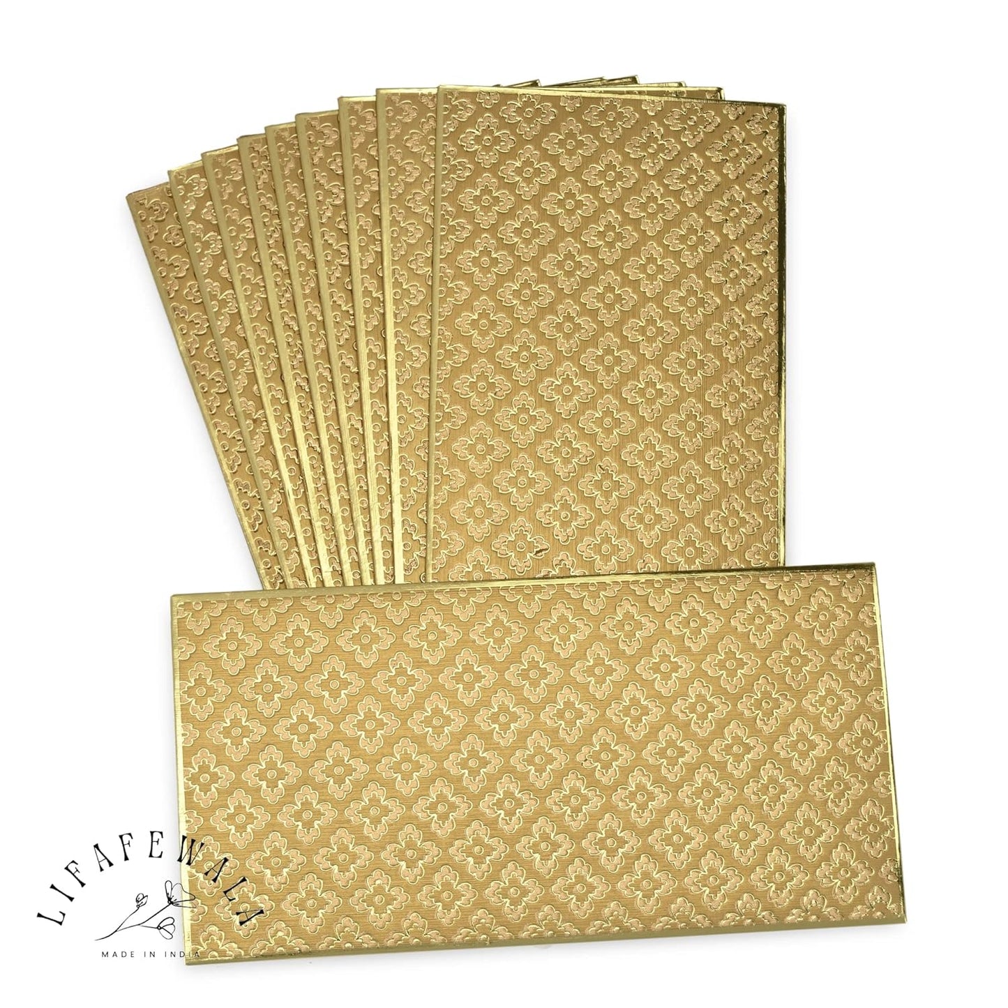 LIFAFEWALA Exclusive and Luxurious Premium Fancy Print Design Sahagun Envelopes | Pack of 10 | (Size :18.5 X 9.5 CM Approx.) (Gold)