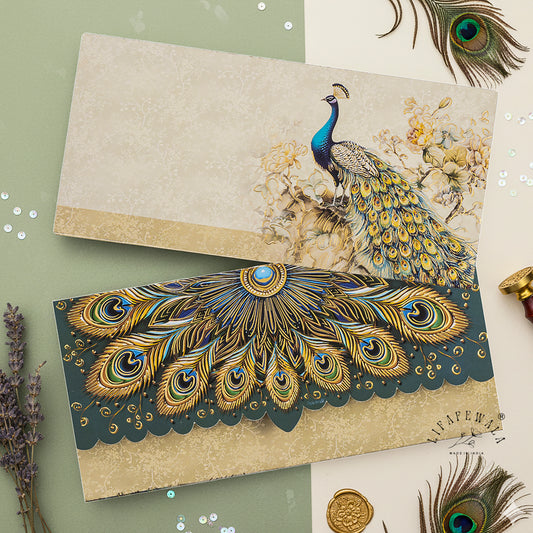 LIFAFEWALA Premium Peacock Design in Blue & Cream Color Gift Envelopes in Gold Foil for Gifting Money on Weddings, Birthdays, Celebrations, Etc (Velvet Feel) (Pack of 20-200)