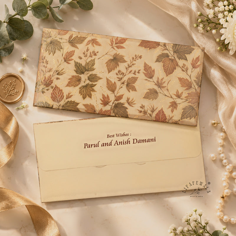 Golden Autumn Leaves shagun envelope with personalised name printing – sample by LIFAFEWALA