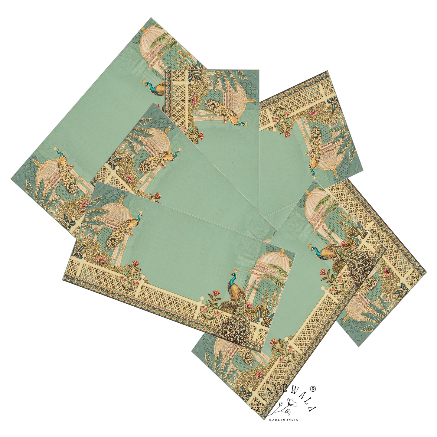 LIFAFEWALA Premium Green Peacock & Orchard Design Gift Envelopes in Gold Foil for Gifting Money on Weddings, Birthdays, Celebrations, Etc (Velvet Feel) (Pack of 20-200)