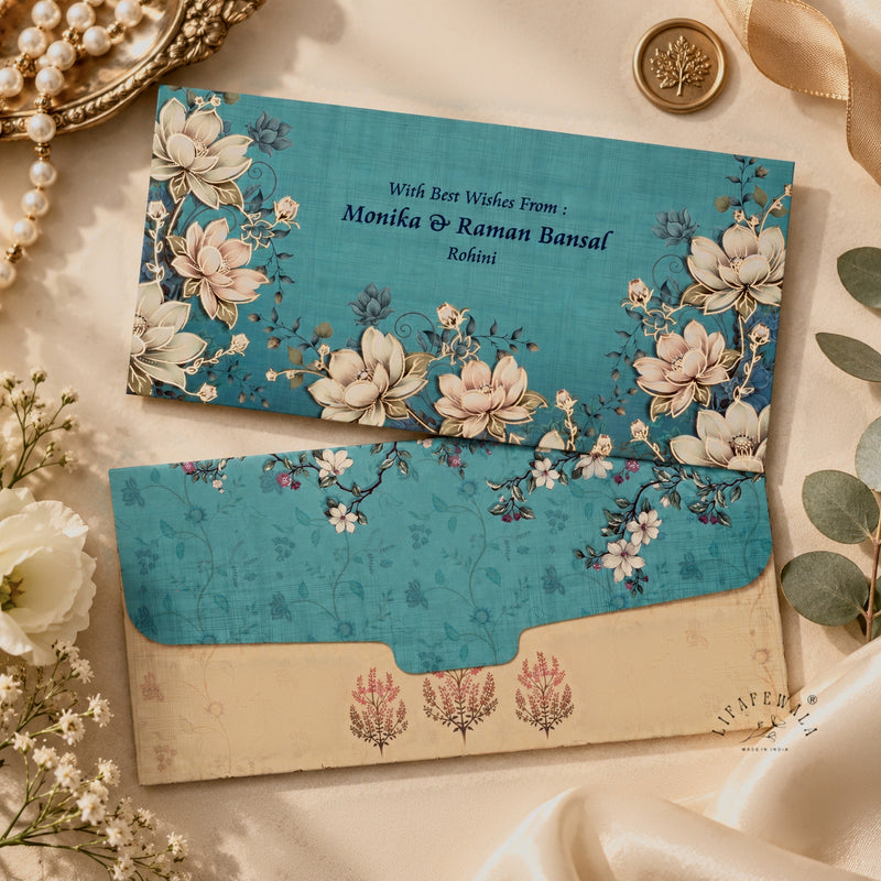 Teal Lotus Garden shagun envelope with personalised name printing – sample by LIFAFEWALA