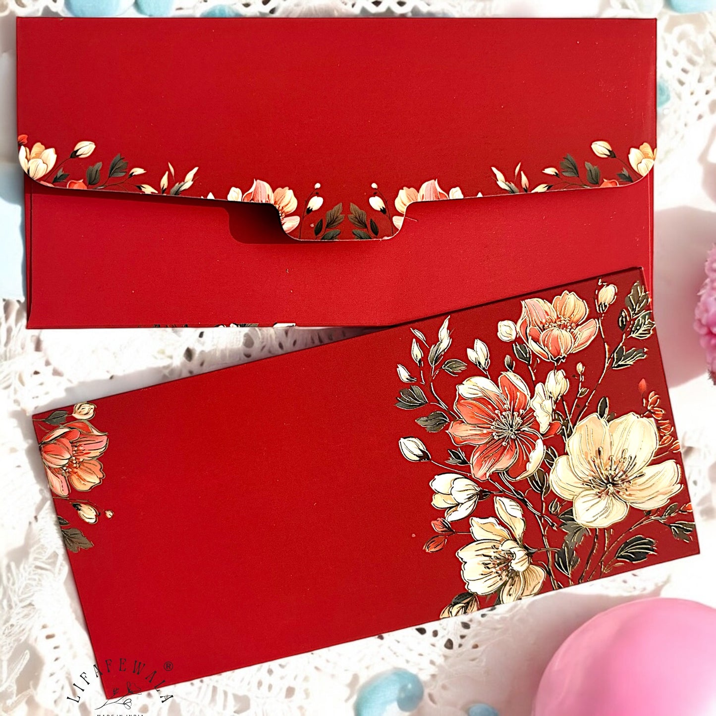 LIFAFEWALA Red Velvet Floral Print Shagun & Money Envelopes | Gold Foil Wedding Gift Covers (Pack of 20–200)