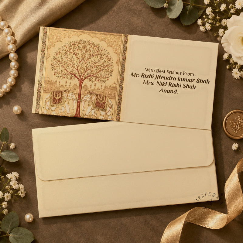 Tree of Life Twin Elephants shagun envelope with personalised name printing – sample by LIFAFEWALA