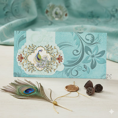 Peacock 2.5 Fold Shagun Envelopes | LIFAFEWALA (Matte+UV Gold Foil, Pack of 20–200)