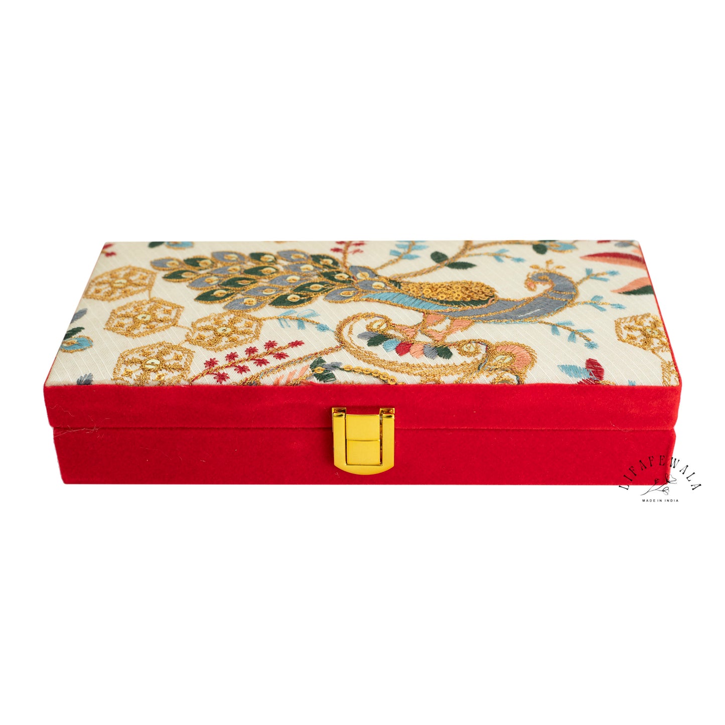 Embroidered Peacock Design Shagun Box | LIFAFEWALA (Red Velvet, Fur Inside, Pack of 1)