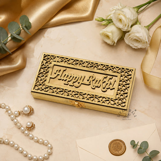 Happy Rakhi Luxurious Mirror Gaddi Box, Jewellery, Shagun, Cash, Gift Box, Money Envelope for Brother/Sister For Raksha Bandhan in Golden Color – Lifafewala