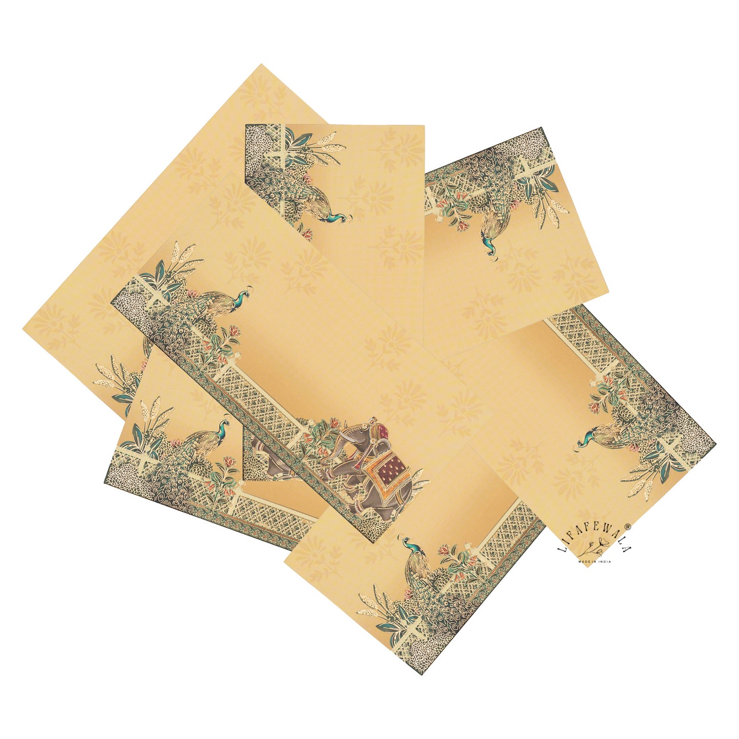 Peacock & Elephant Gold Foil Shagun Envelopes | LIFAFEWALA (Matte Finish, Yellow, Pack of 20–200)