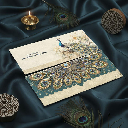 LIFAFEWALA Premium Peacock Design in Blue & Cream Color Gift Envelopes in Gold Foil for Gifting Money on Weddings, Birthdays, Celebrations, Etc (Velvet Feel) (Pack of 20-200)