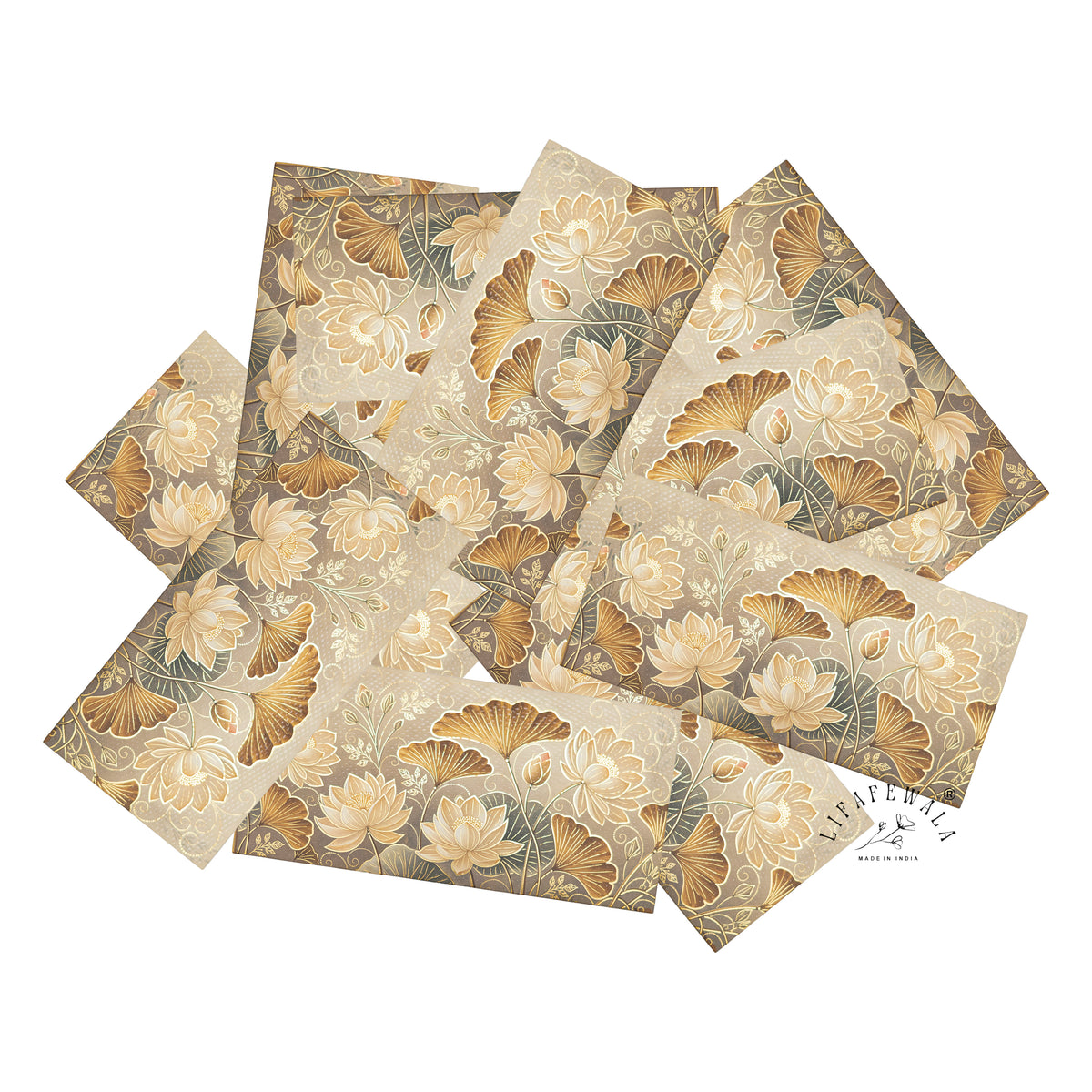 Golden Lotus & Ginkgo matte UV shagun envelope by LIFAFEWALA – scattered envelopes