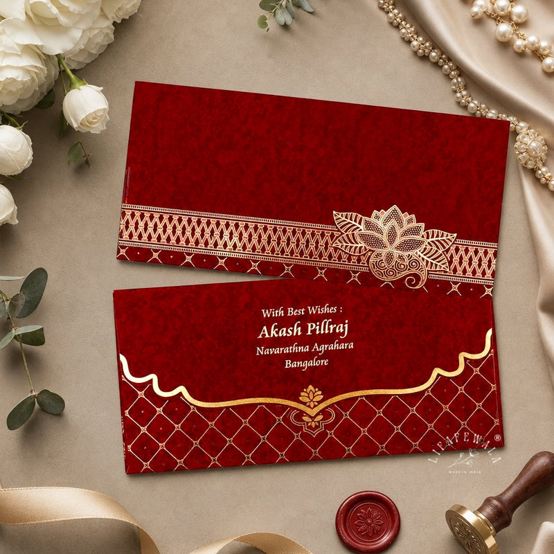 Red Kamal Lotus velvet shagun envelope by LIFAFEWALA – main photo