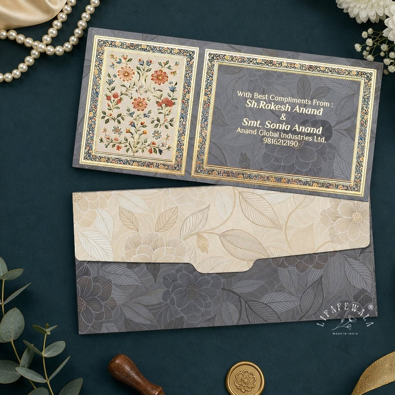 Grey Mughal Floral Twin Panel velvet shagun envelope by LIFAFEWALA – main photo