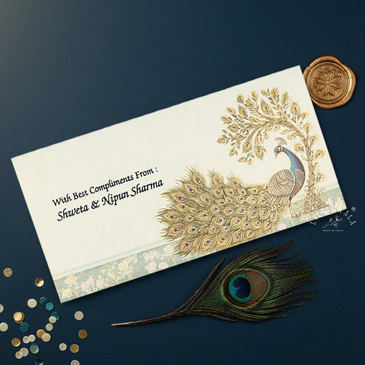Gold Foil Peacock Shagun Envelopes | LIFAFEWALA (Scented Metallic, Pack of 20–200)