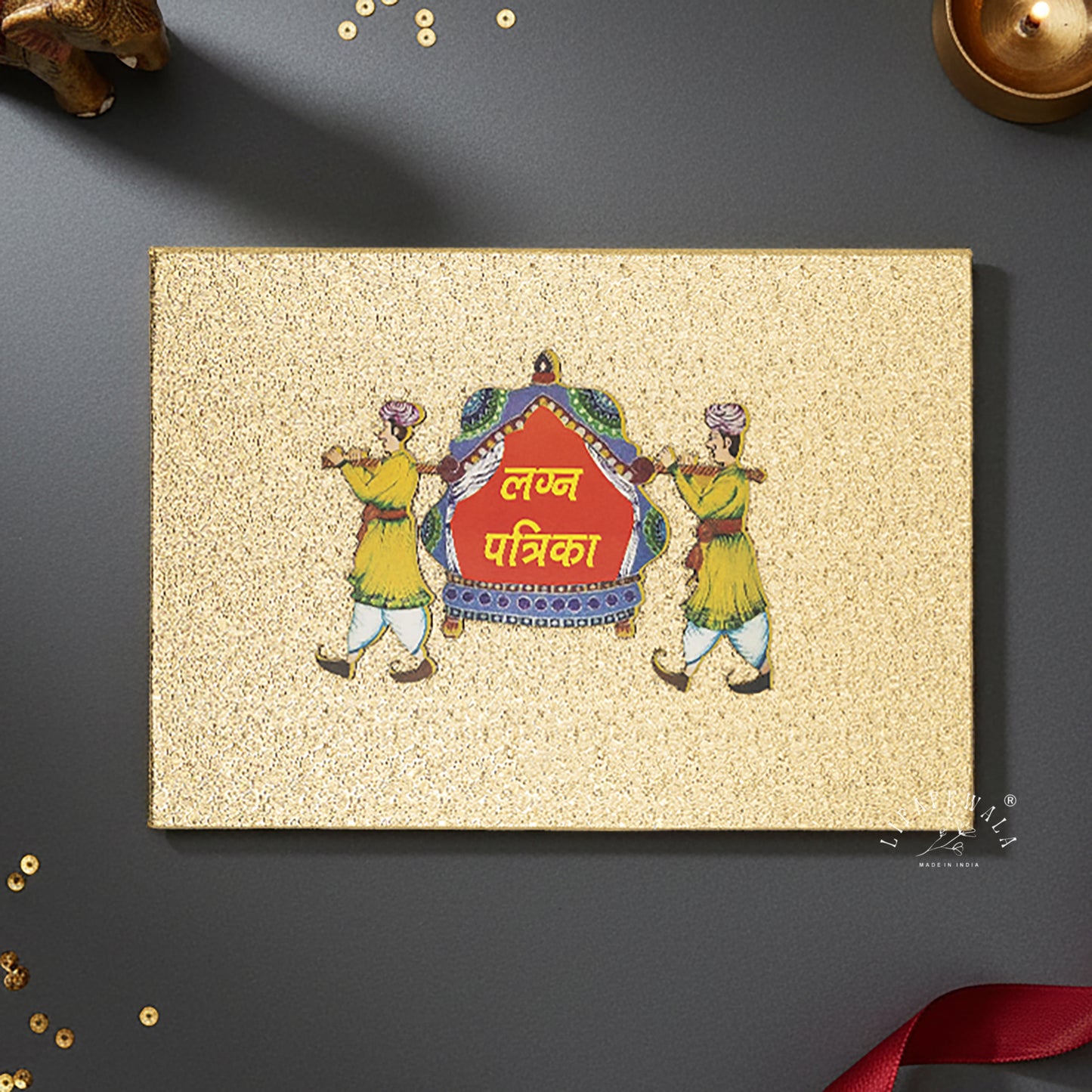 Designer Velvet Wedding Lagan Patrika | Red & Golden | Lifafewala