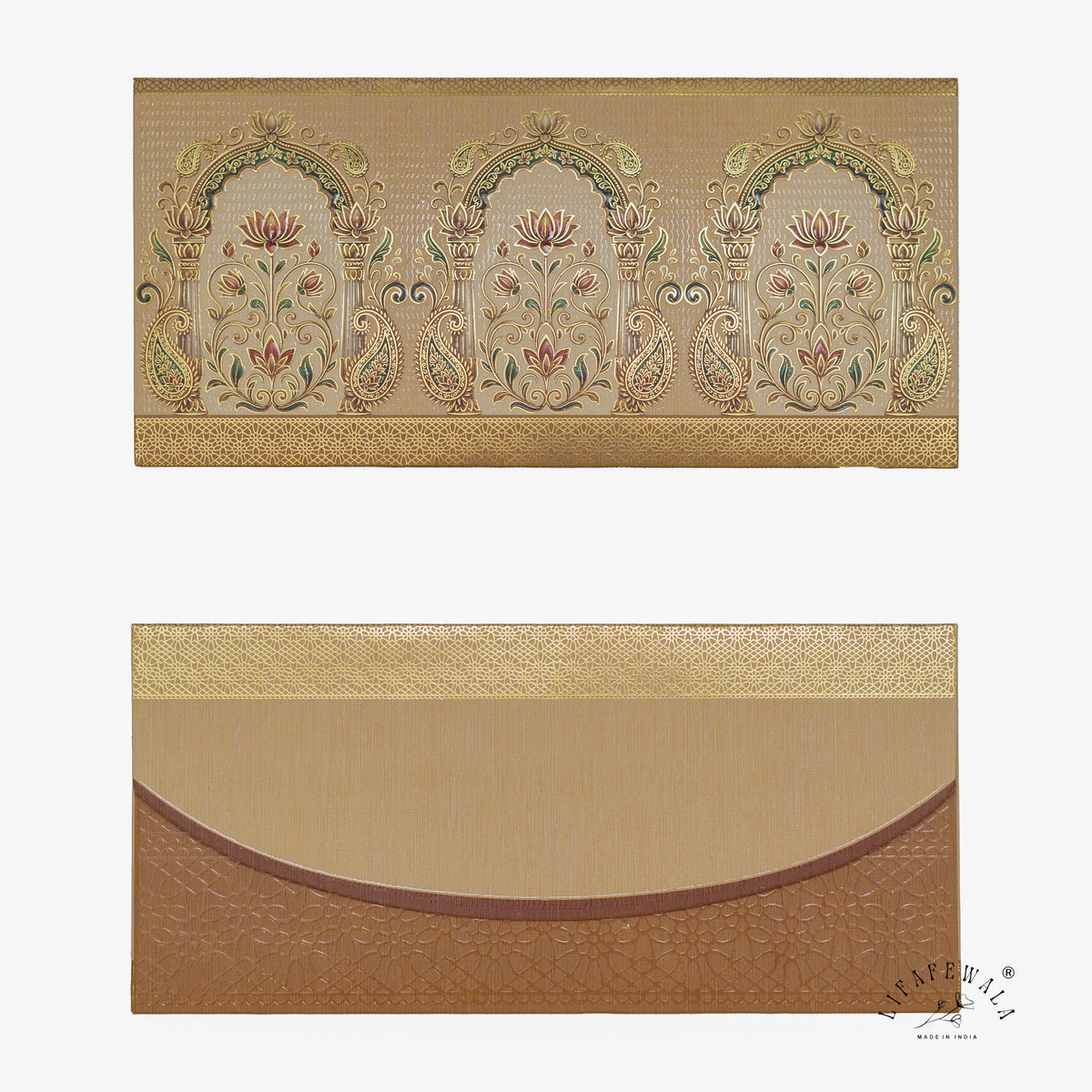 Mughal Arch Lotus Bouquet matte UV shagun envelope by LIFAFEWALA – front and back
