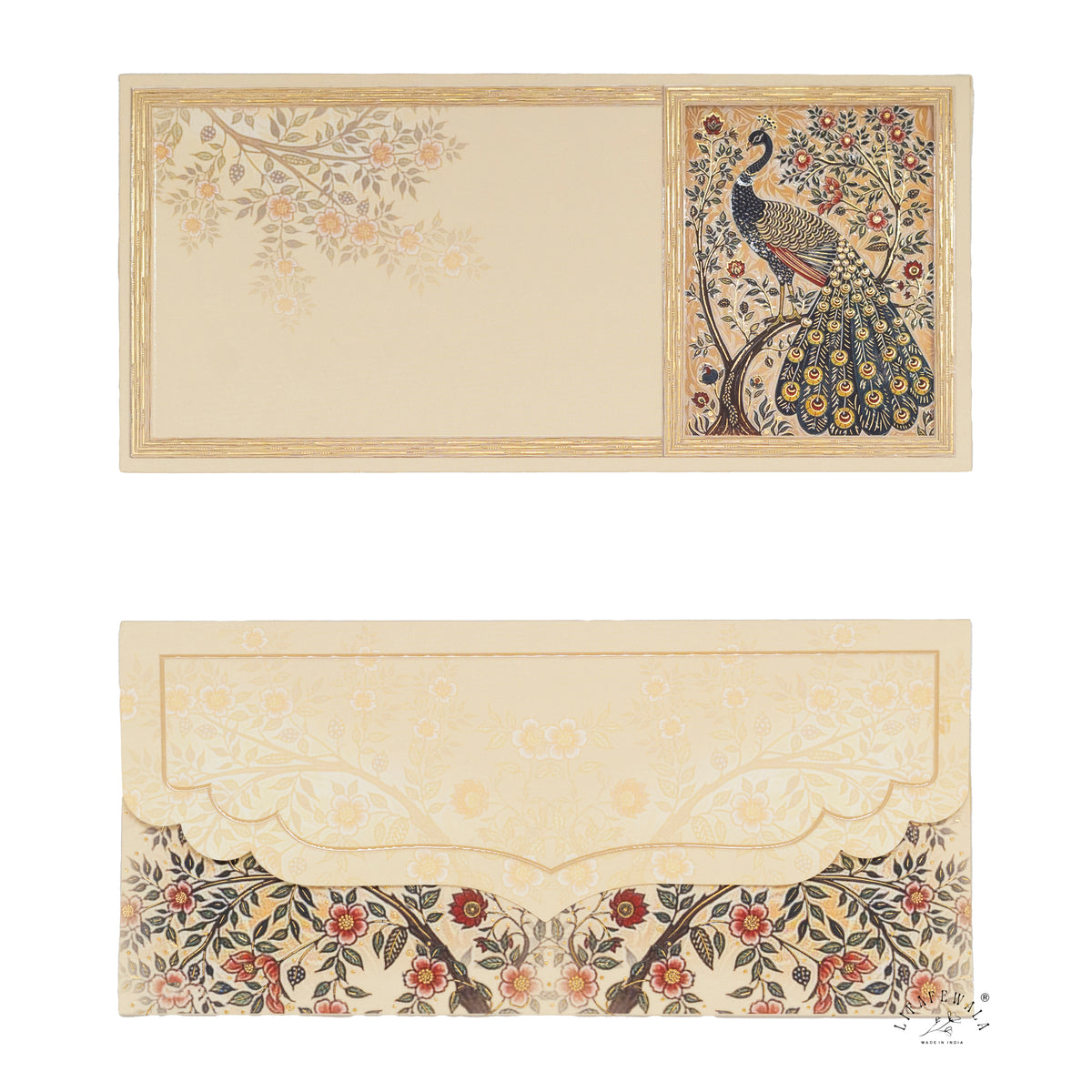 Golden Peacock & Blossom Tree velvet shagun envelope by LIFAFEWALA – front and back