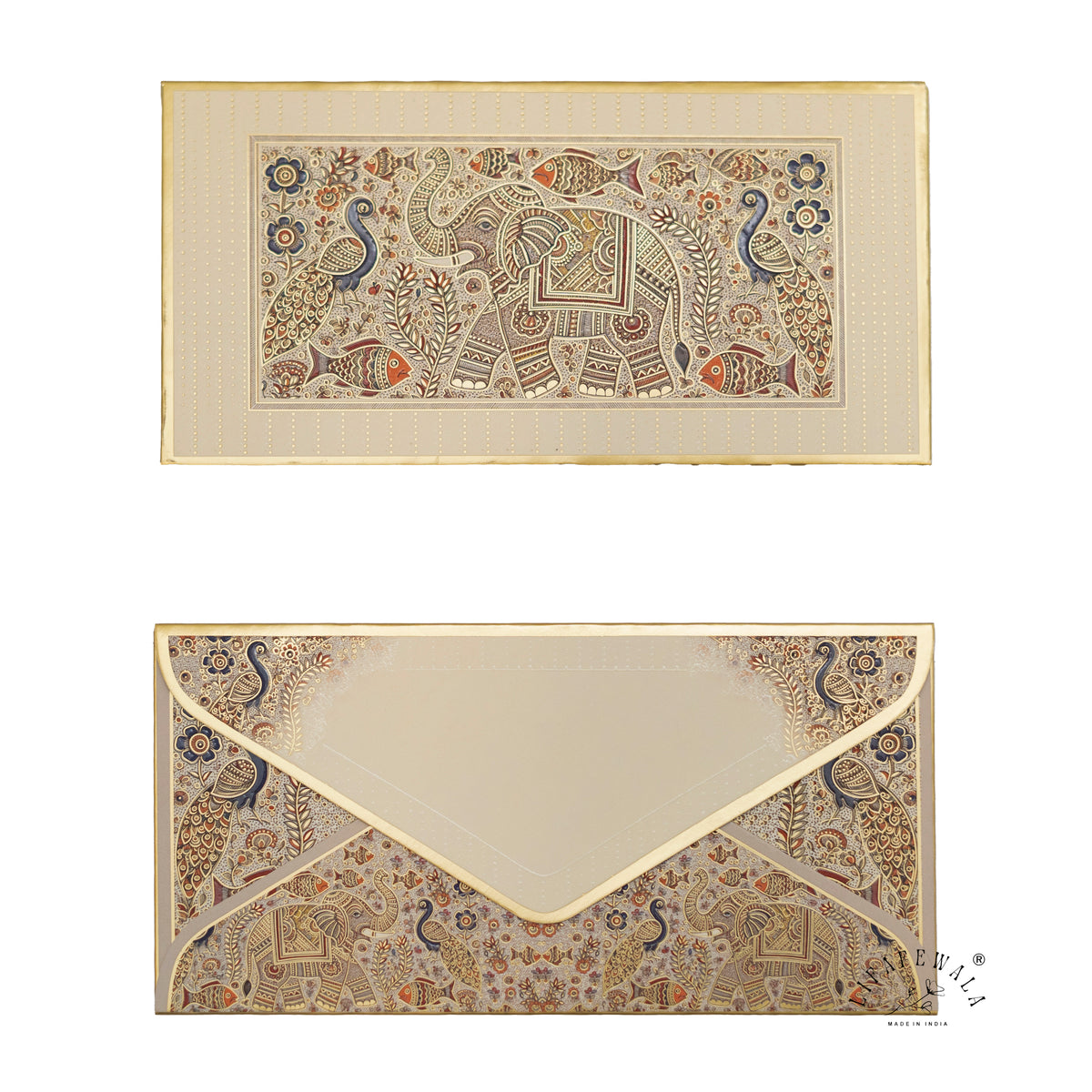 Madhubani Elephant & Peacock premium shagun envelope by LIFAFEWALA – front and back
