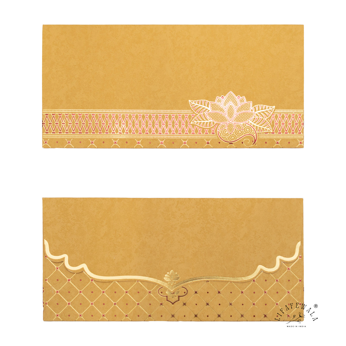 Golden Kamal Lotus velvet shagun envelope by LIFAFEWALA – front and back