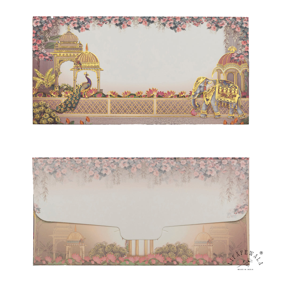 Peacock and Elephant Palace Terrace matte shagun envelope by LIFAFEWALA – front and back