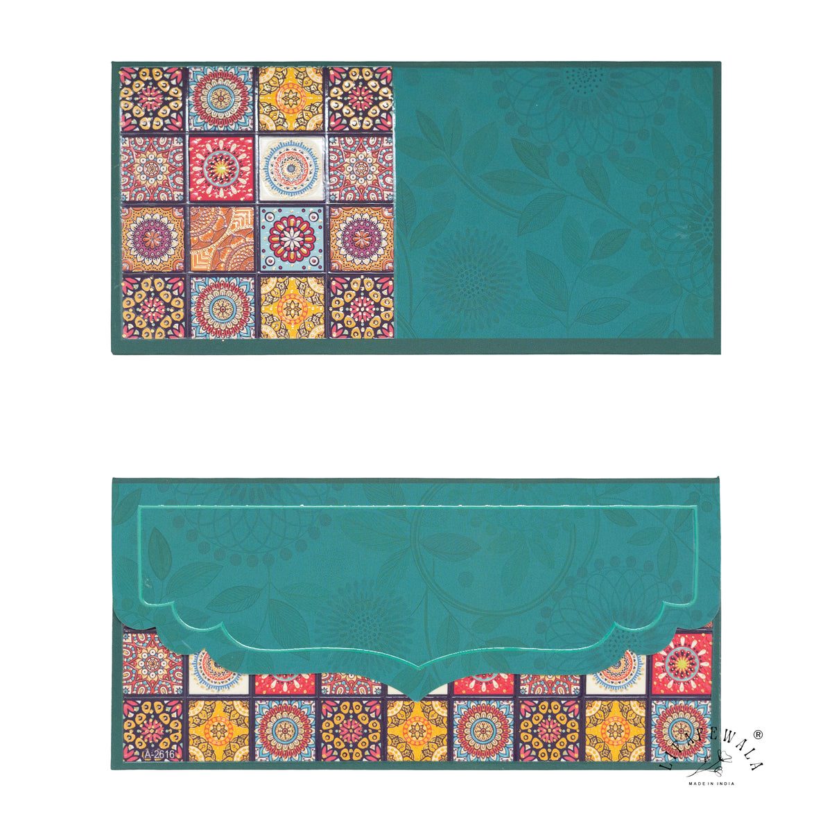 Teal Mandala Tile velvet UV shagun envelope by LIFAFEWALA – front and back
