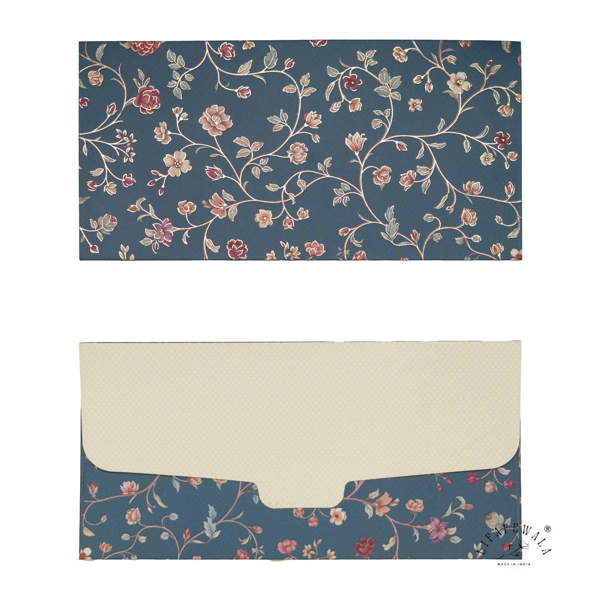 Navy Ditsy Floral Vine matte shagun envelope by LIFAFEWALA – front and back