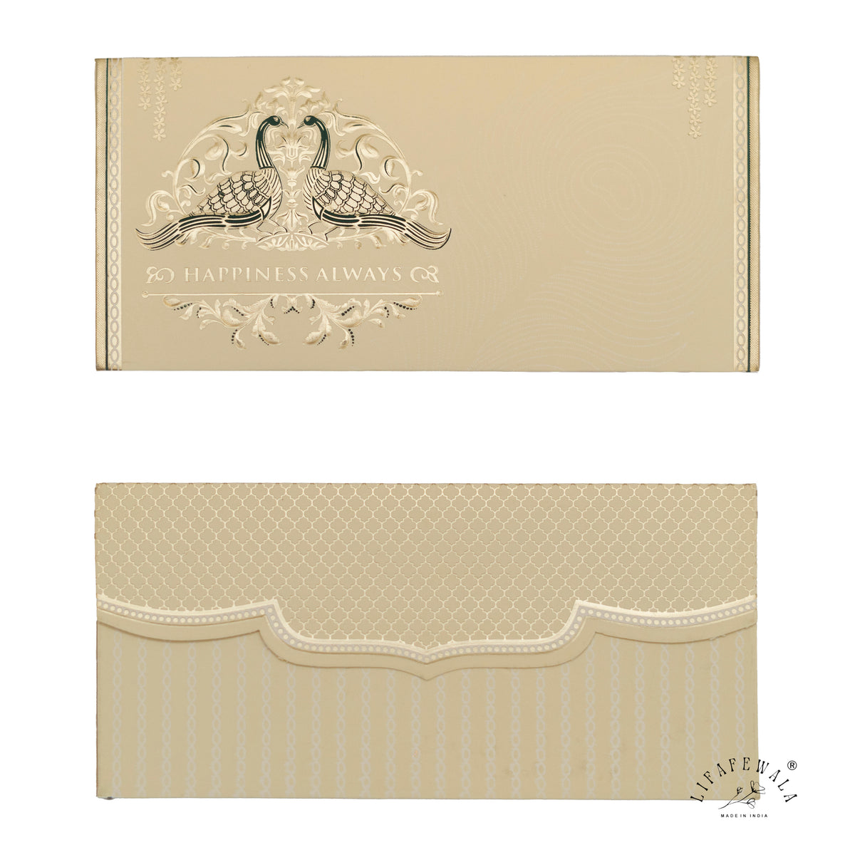 Happiness Always Twin Peacock metallic shagun envelope by LIFAFEWALA – front and back