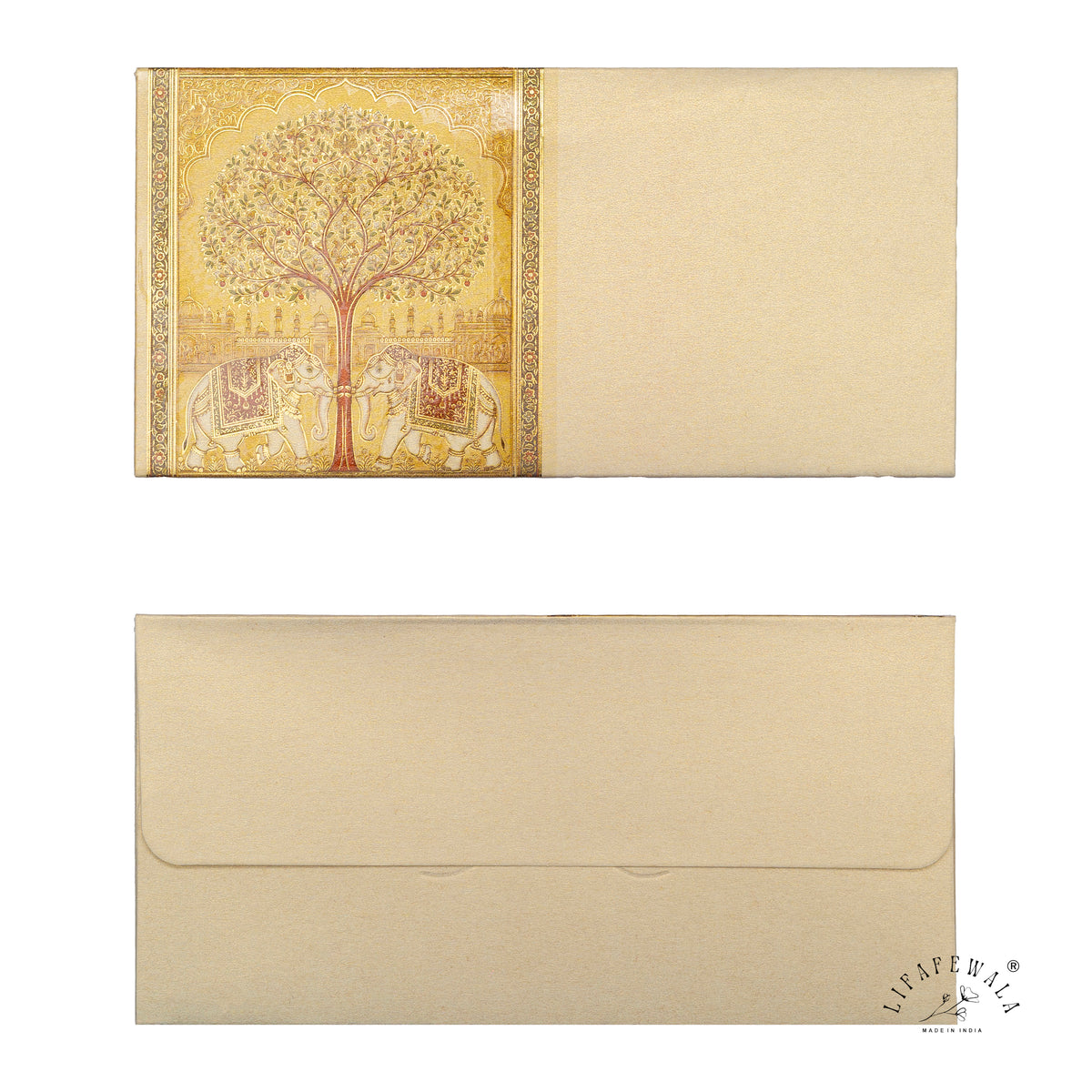 Tree of Life Twin Elephants scented metallic shagun envelope by LIFAFEWALA – front and back