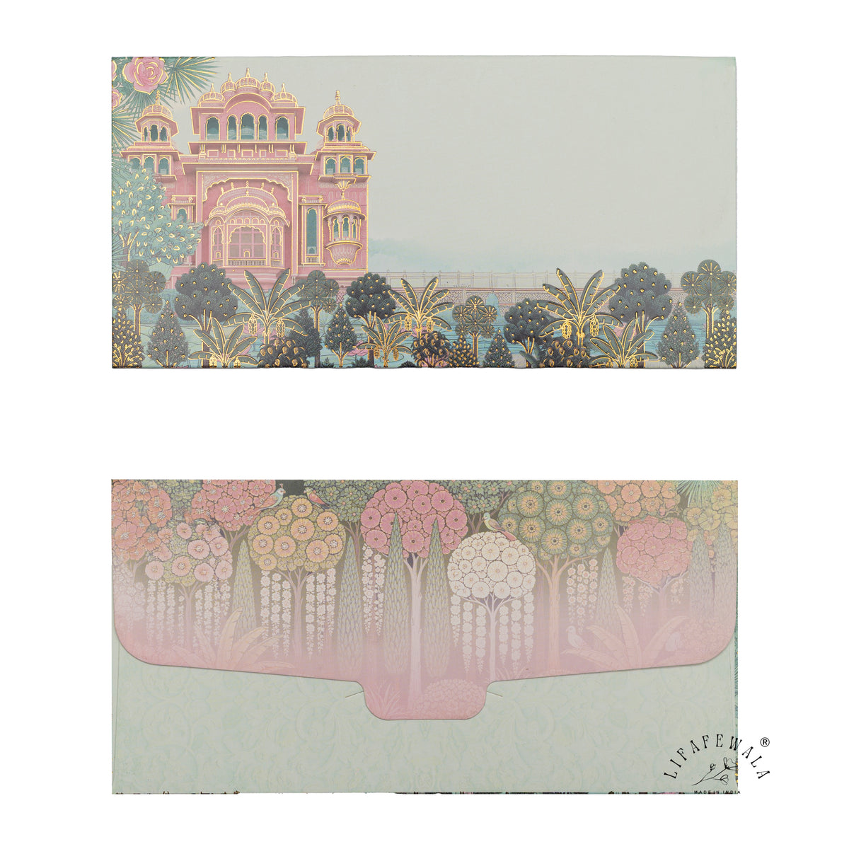 Pink Palace Garden digital print shagun envelope by LIFAFEWALA – front and back