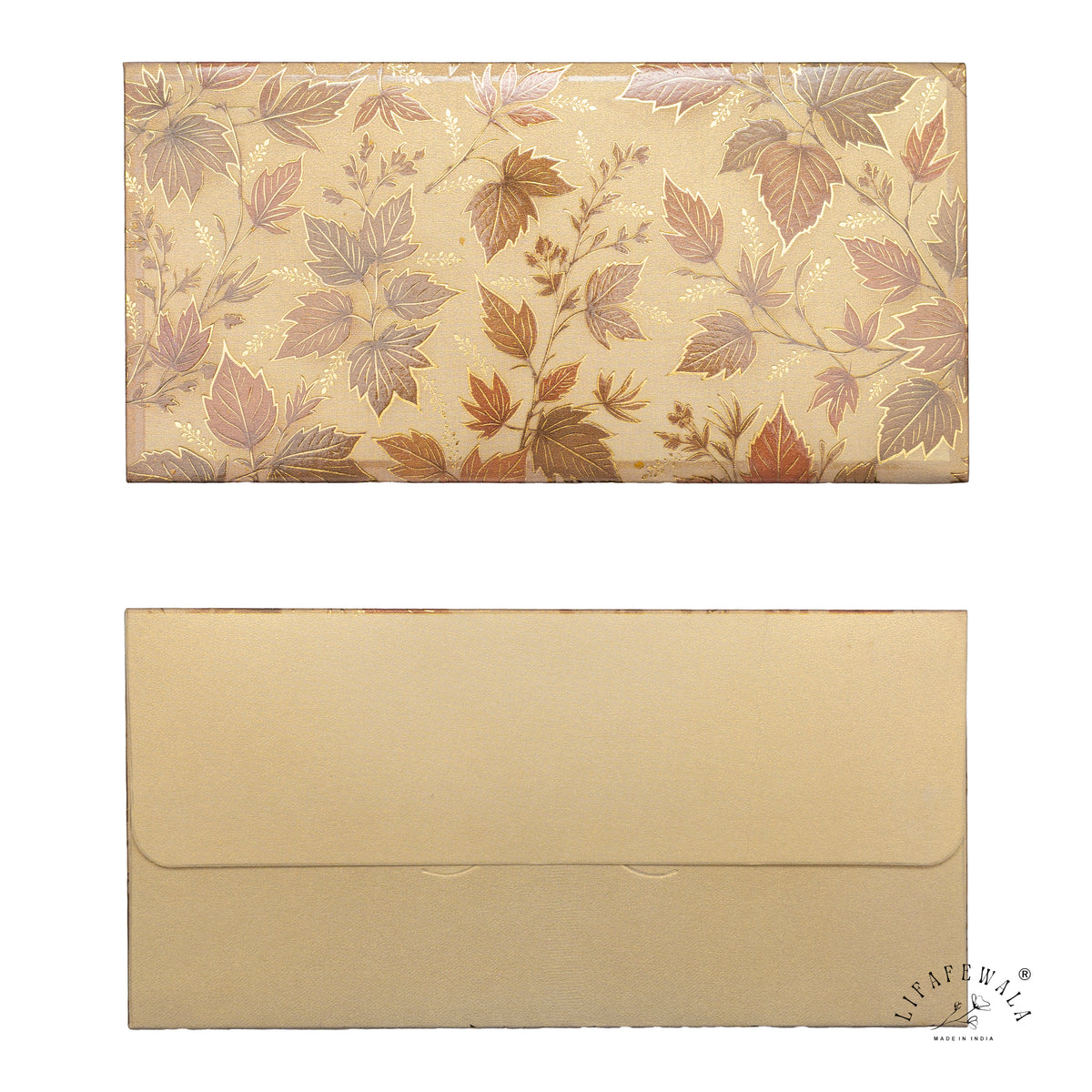 Golden Autumn Leaves scented metallic shagun envelope by LIFAFEWALA – front and back