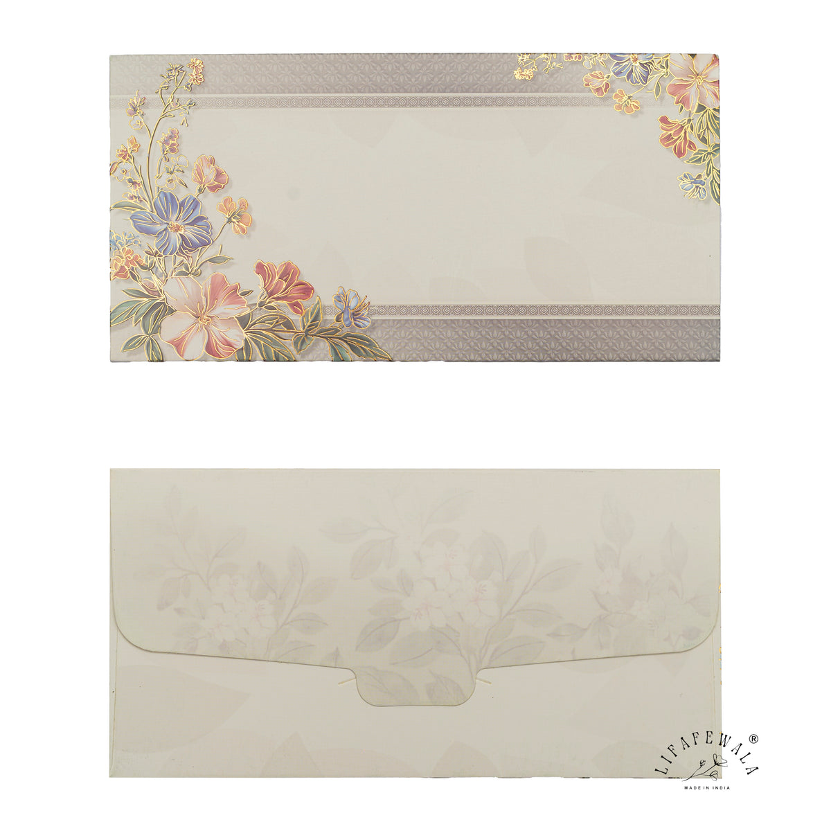 Grey Band Pastel Floral digital print shagun envelope by LIFAFEWALA – front and back