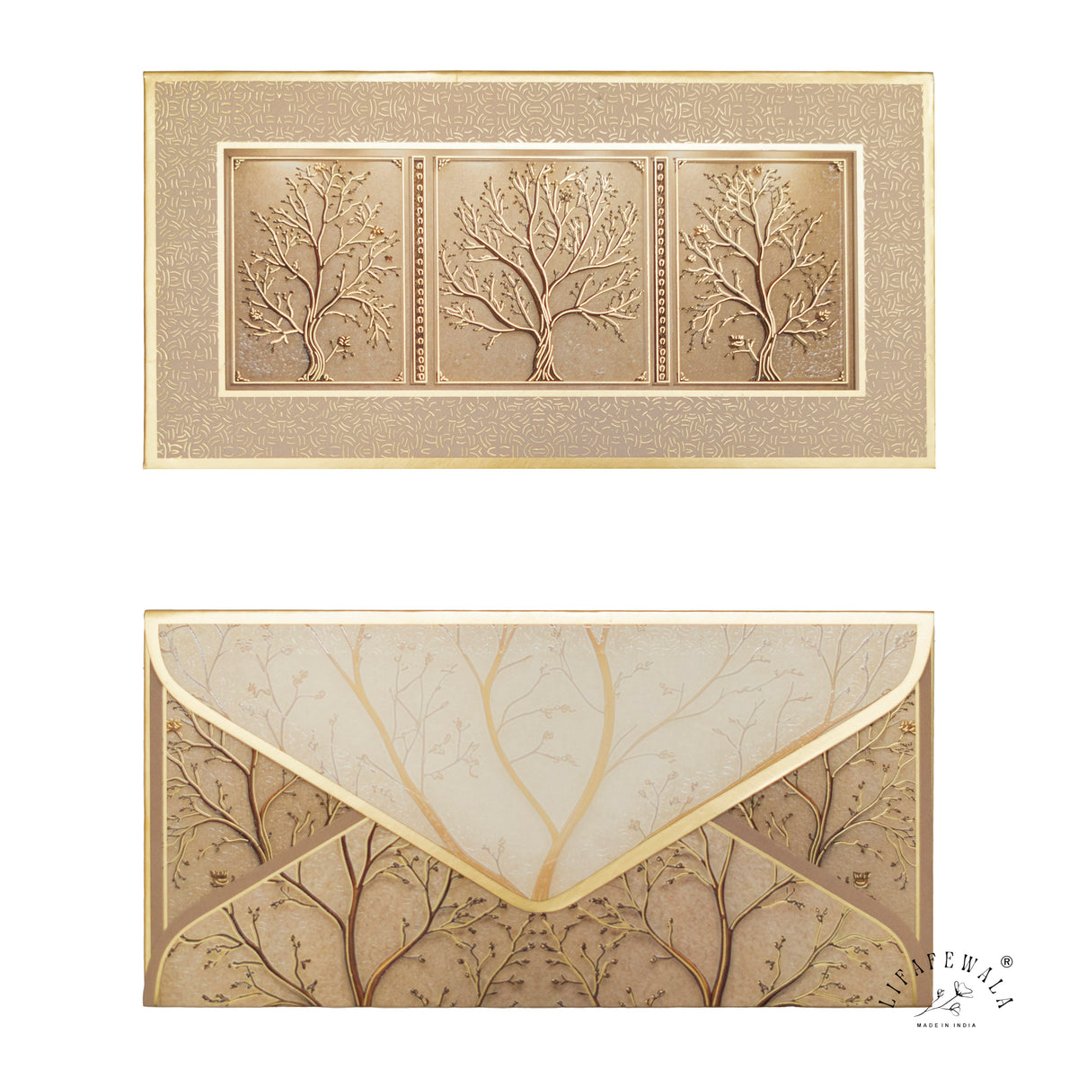 Champagne Tree of Life premium shagun envelope by LIFAFEWALA – front and back