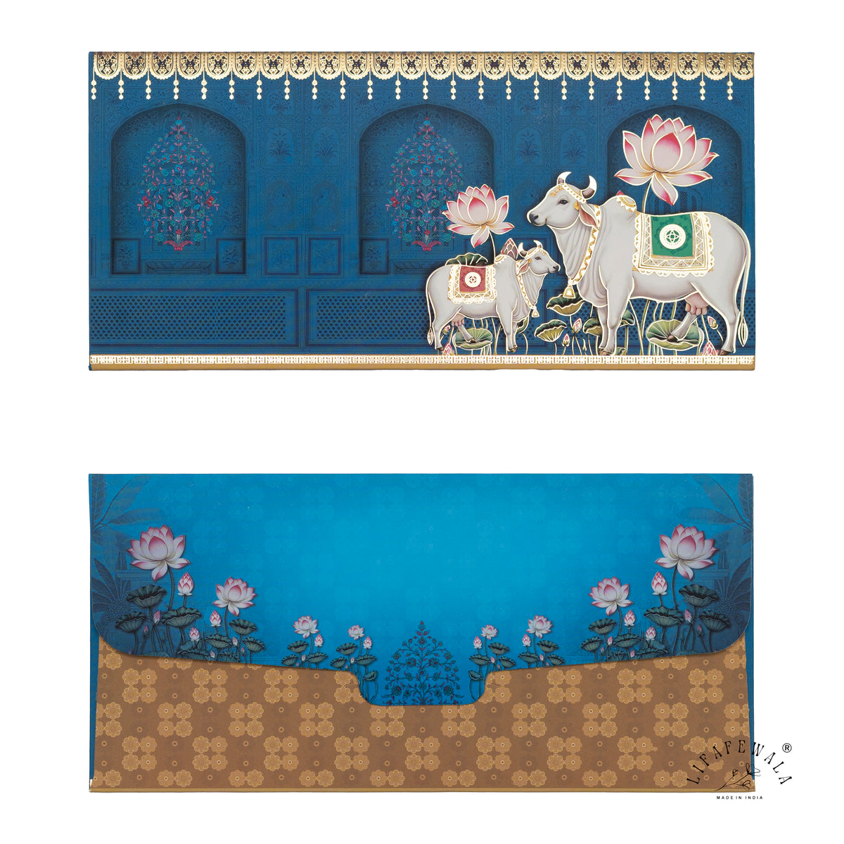 Blue Pichwai Cow and Calf velvet shagun envelope by LIFAFEWALA – front and back