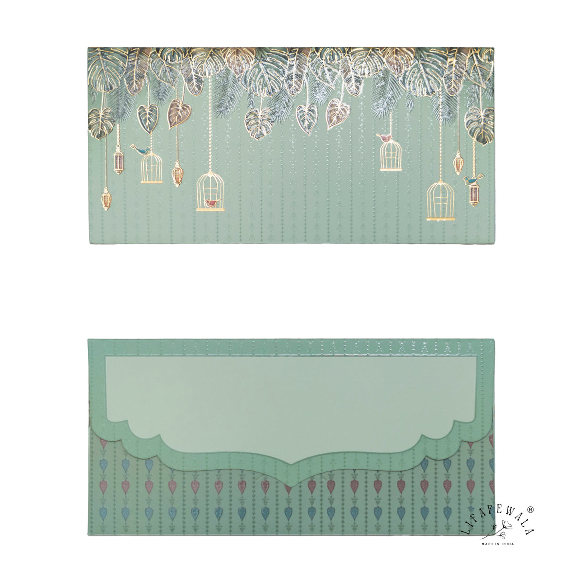 Sage Green Birdcage & Lantern matte shagun envelope by LIFAFEWALA – front and back