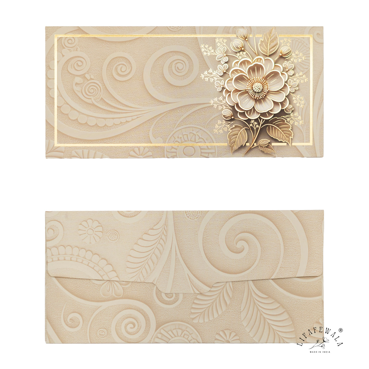 Ivory 3D Look Flower Bouquet velvet shagun envelope by LIFAFEWALA – front and back