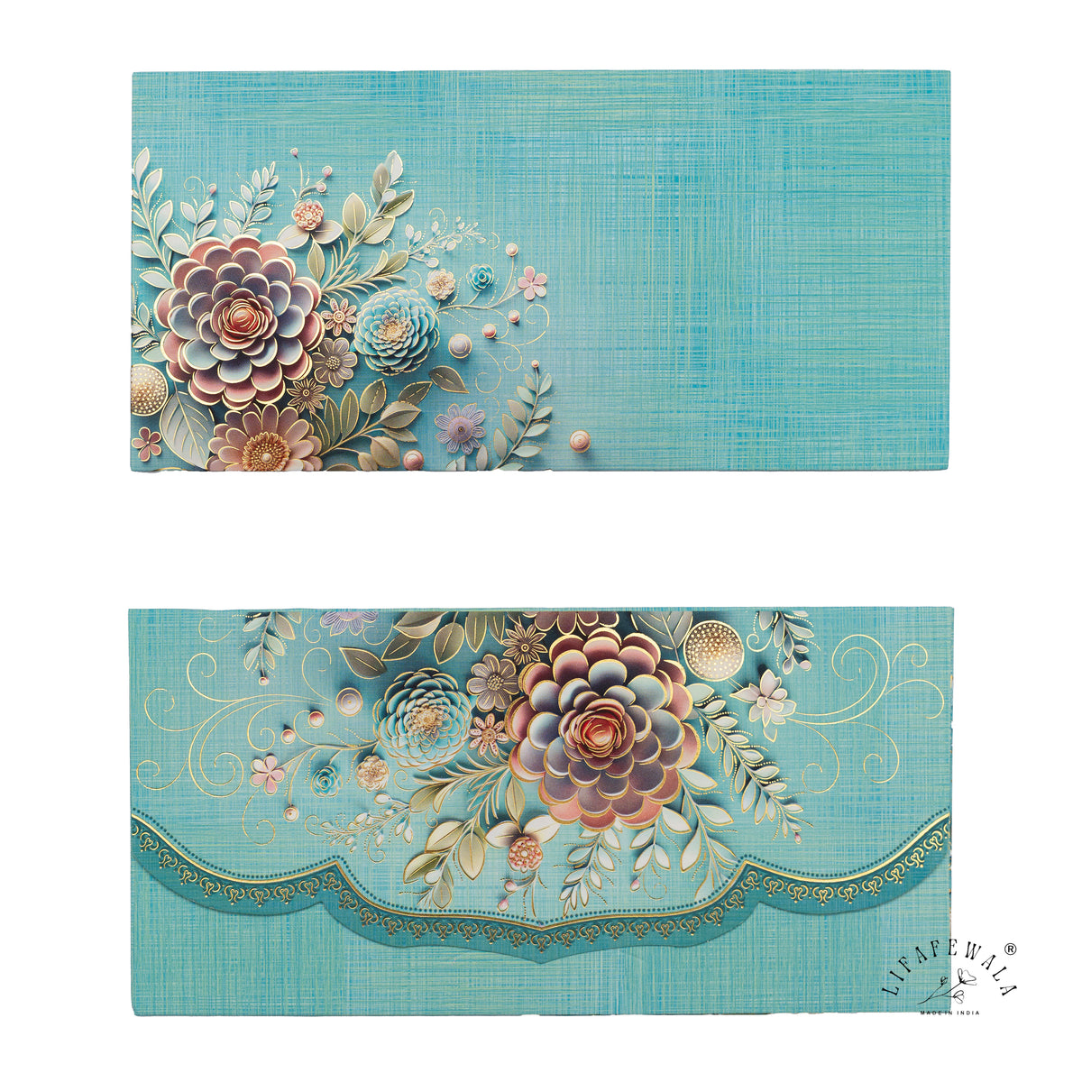 Aqua Blossom Bouquet velvet shagun envelope by LIFAFEWALA – front and back