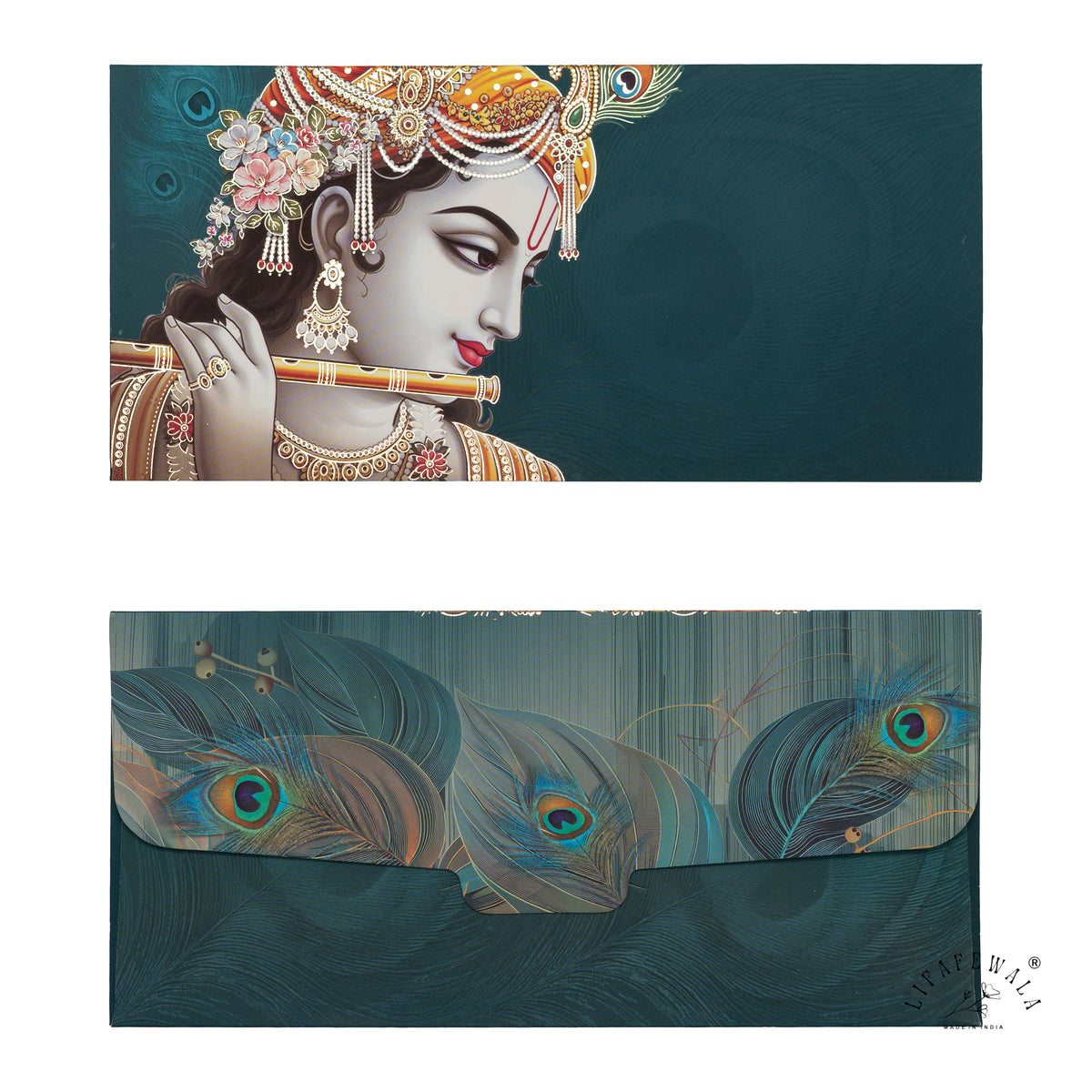 Krishna Flute and Peacock Feather velvet shagun envelope by LIFAFEWALA – front and back