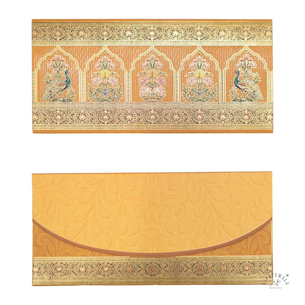 Mughal Arch Peacock & Lotus matte UV shagun envelope by LIFAFEWALA – front and back