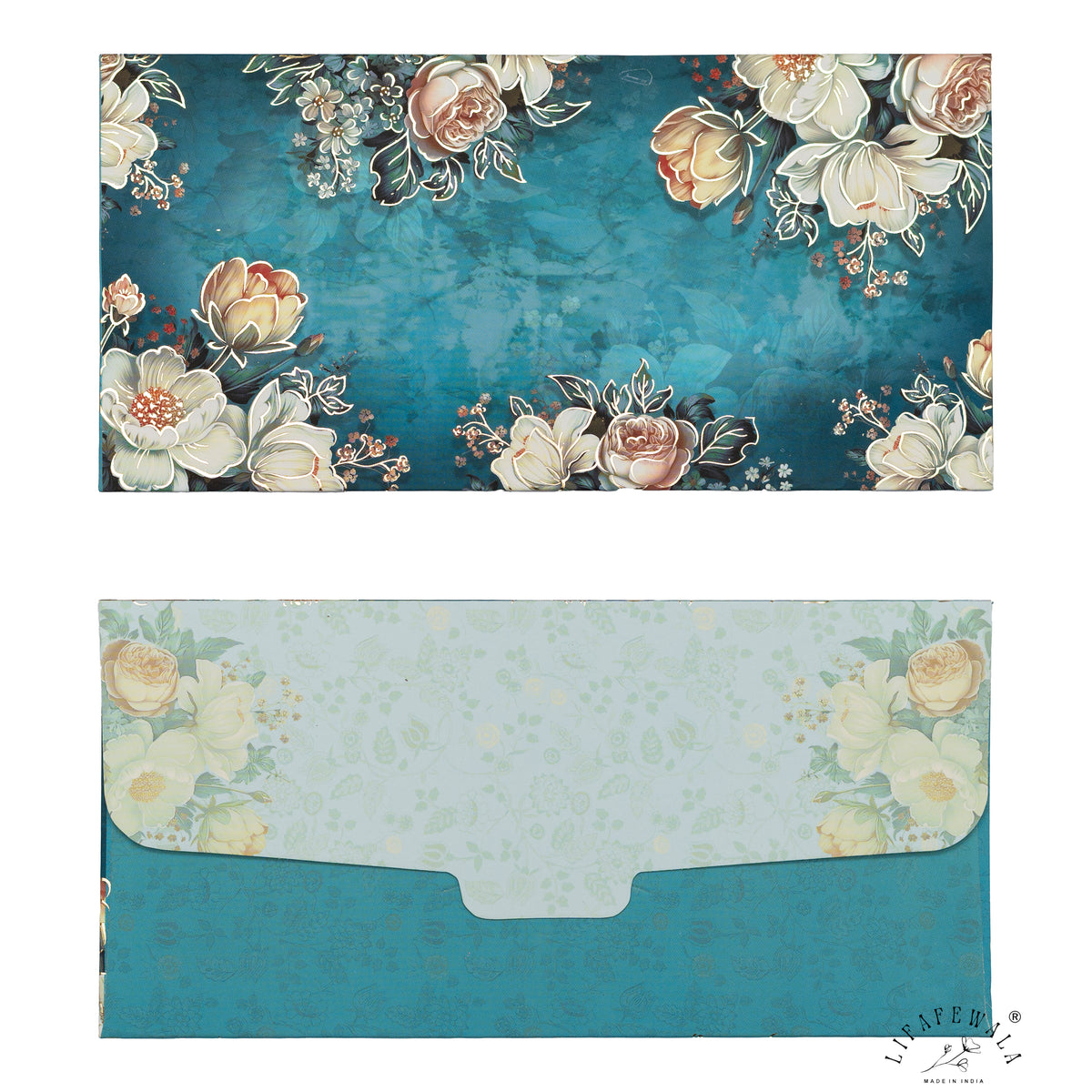 Teal Vintage Roses velvet shagun envelope by LIFAFEWALA – front and back