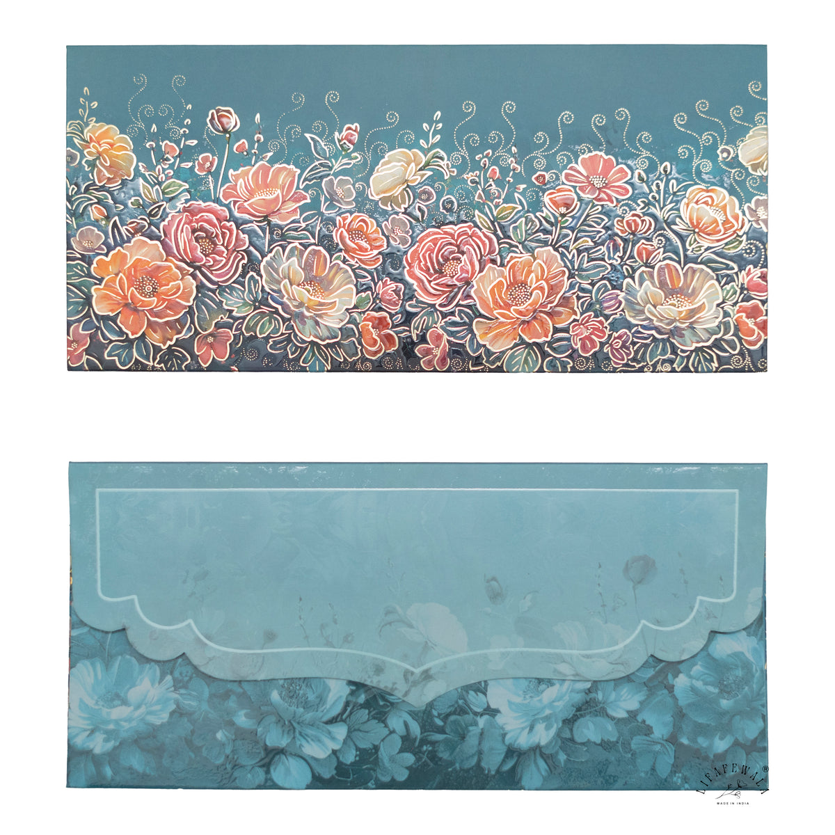 Dusty Blue Rose Garden matte shagun envelope by LIFAFEWALA – front and back