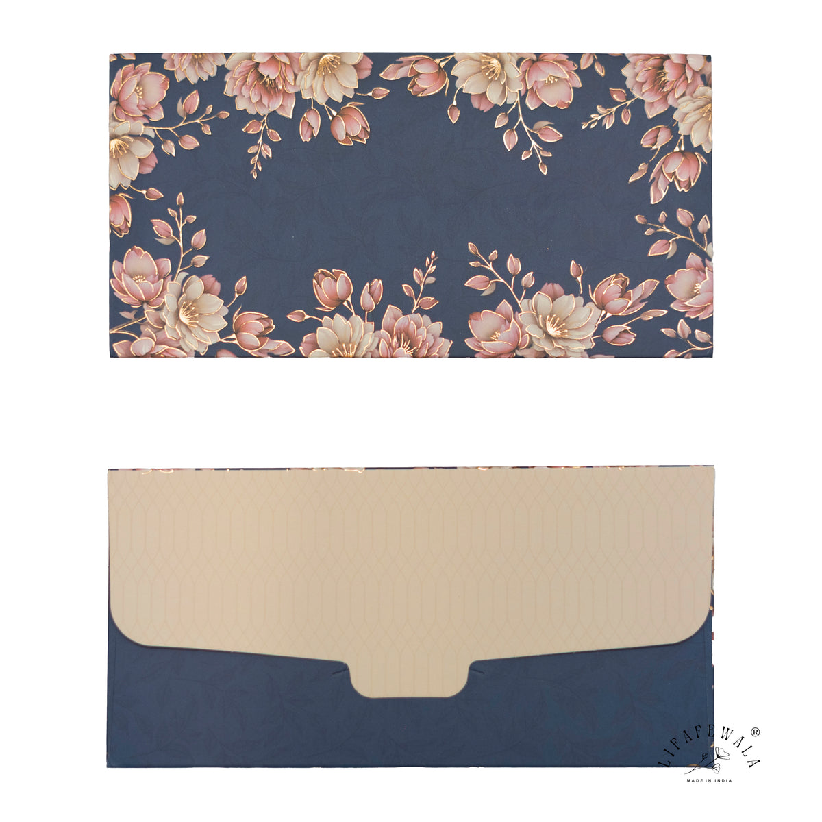 Navy Blue Blush Blossom matte shagun envelope by LIFAFEWALA – front and back