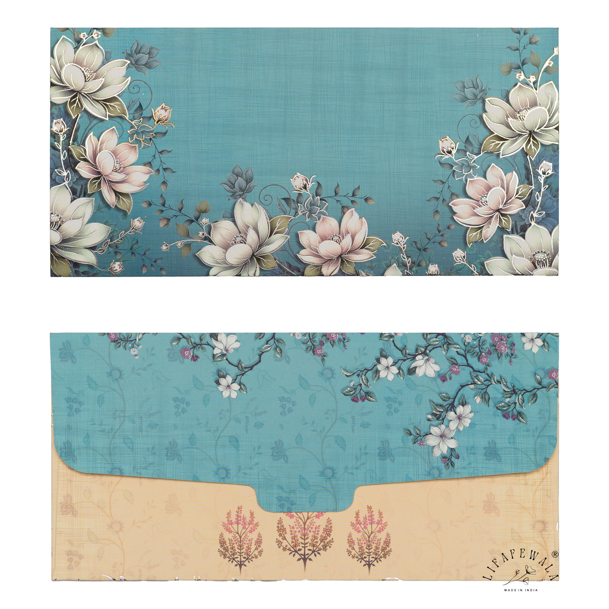 Teal Lotus Garden velvet shagun envelope by LIFAFEWALA – front and back