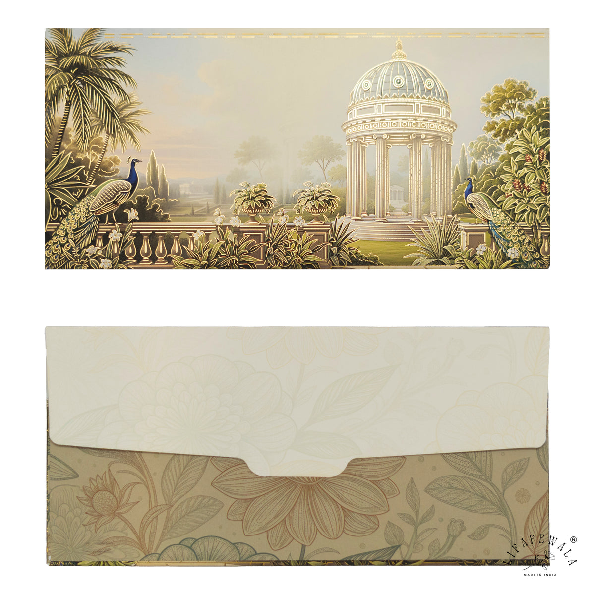 Vintage Garden Rotunda & Peacock velvet shagun envelope by LIFAFEWALA – front and back