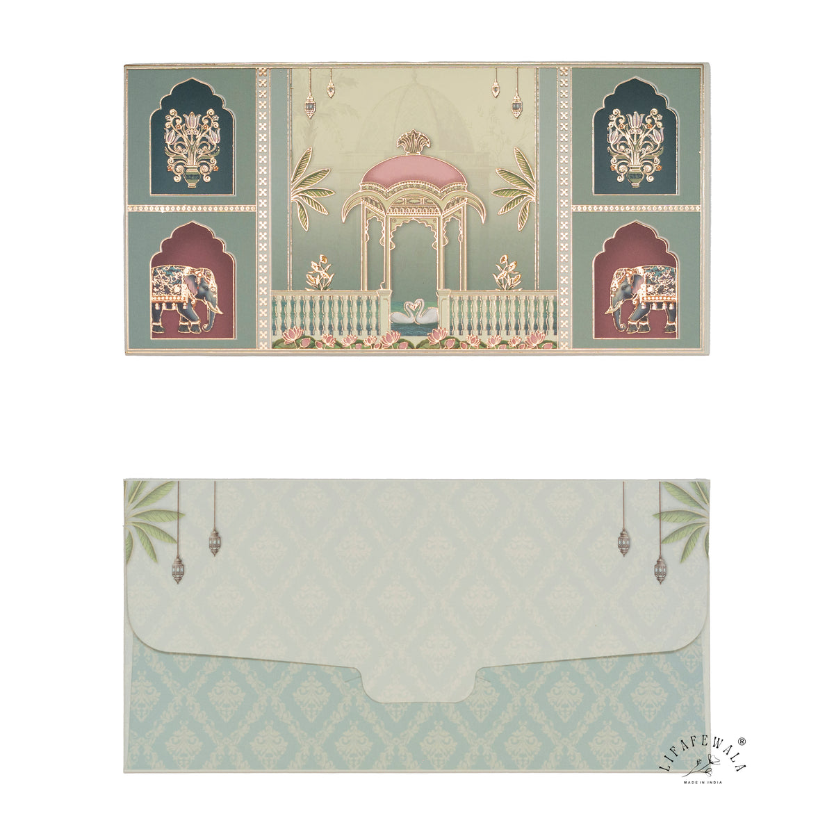 Mughal Gazebo & Royal Elephant matte shagun envelope by LIFAFEWALA – front and back