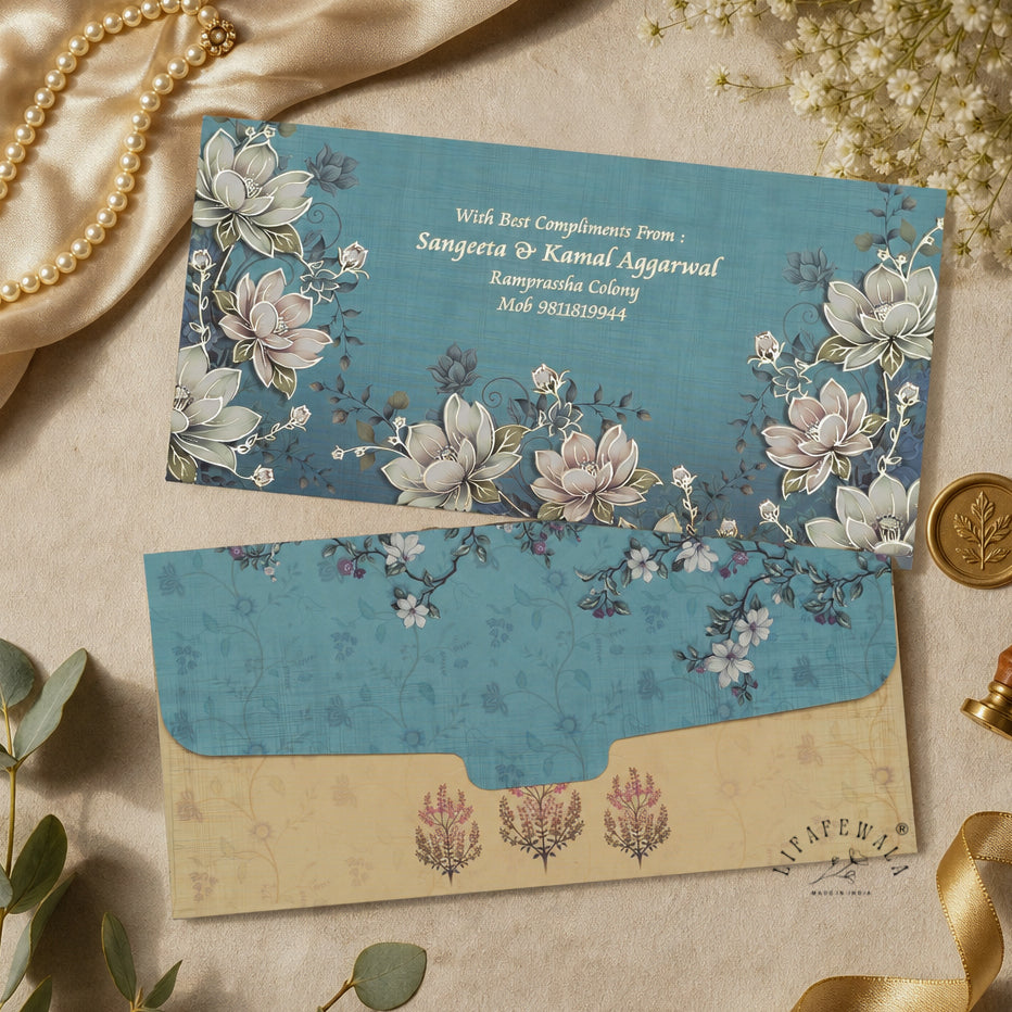 Teal Lotus Garden Shagun Envelopes | LIFAFEWALA (Velvet Feel, Pack of 20–200)