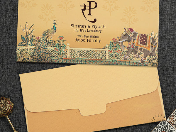 Yellow Peacock & Elephant Gold Foil Shagun Envelopes | LIFAFEWALA (Matte Finish, Pack of 20–200)
