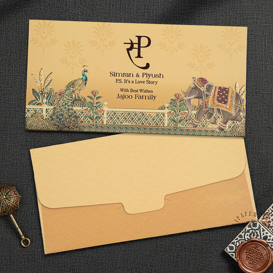 Peacock & Elephant Gold Foil Shagun Envelopes | LIFAFEWALA (Matte Finish, Yellow, Pack of 20–200)