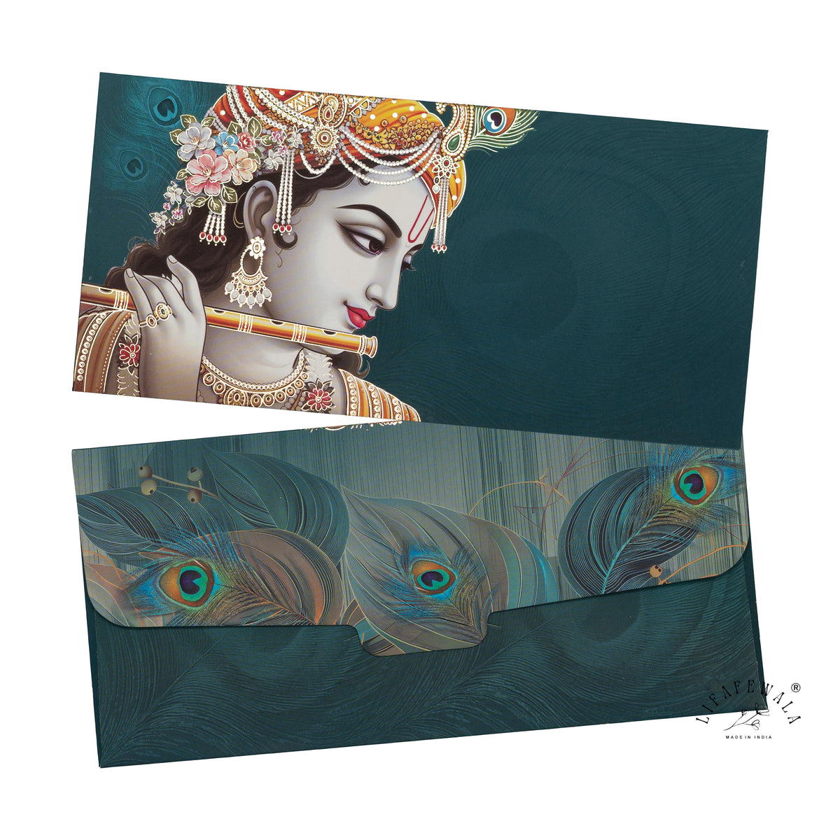 Krishna Flute and Peacock Feather velvet shagun envelope by LIFAFEWALA – front and back, angled view