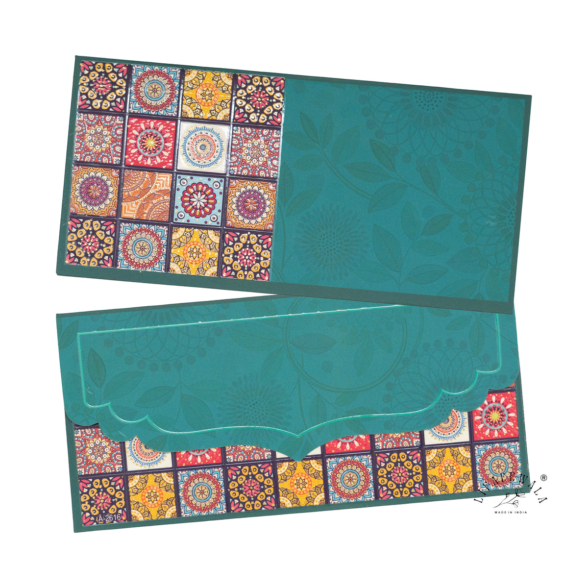 Teal Mandala Tile velvet UV shagun envelope by LIFAFEWALA – front and back, angled view