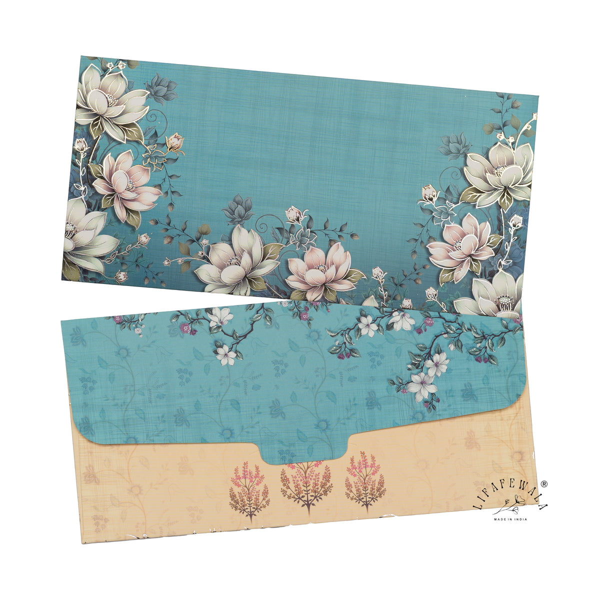 Teal Lotus Garden velvet shagun envelope by LIFAFEWALA – front and back, angled view