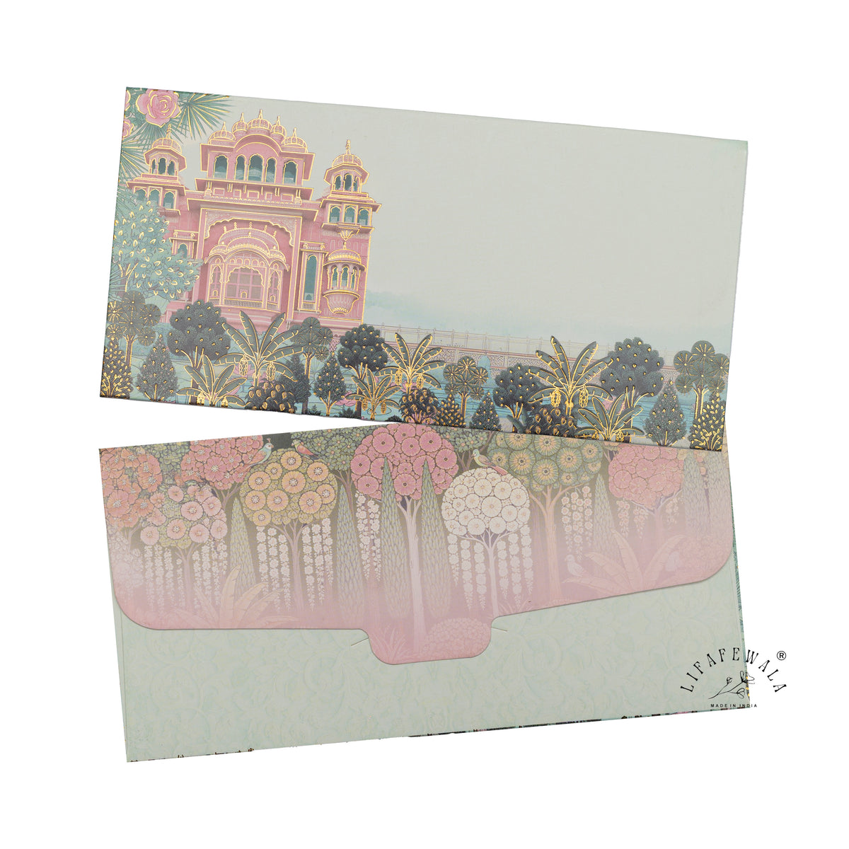 Pink Palace Garden digital print shagun envelope by LIFAFEWALA – front and back, angled view